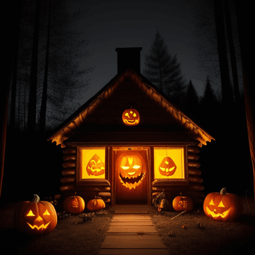 AI generated: Halloween cabin in the woods from a person's perspective arriving at the premise. There is a main bu...