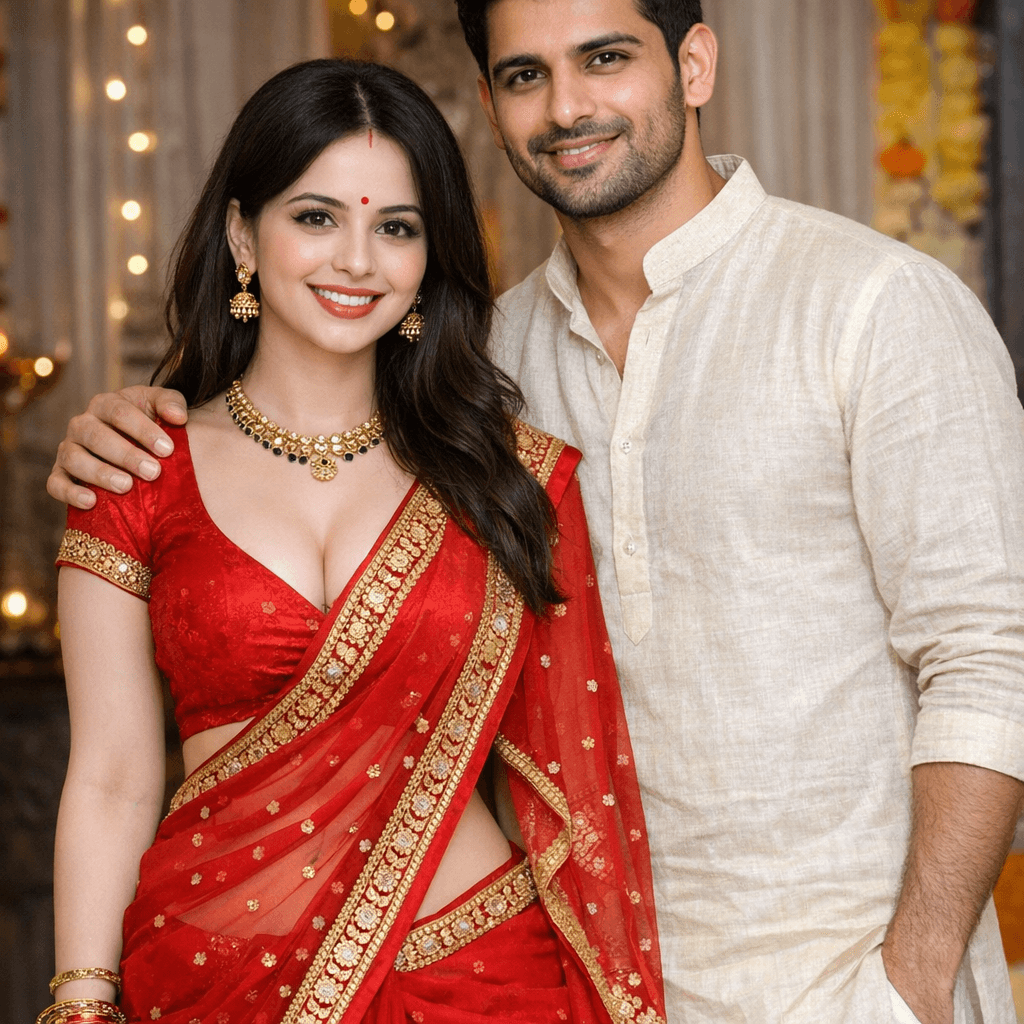 AI generated: Generate and Image of an 25 years age Indian couple, woman wearing saree exposing navel and cleavage...