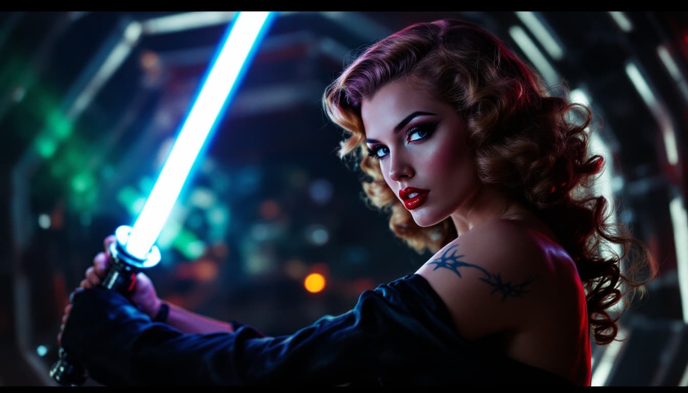 AI generated: A 1940s-style pin-up model, Lightsabers clash in the dead of night