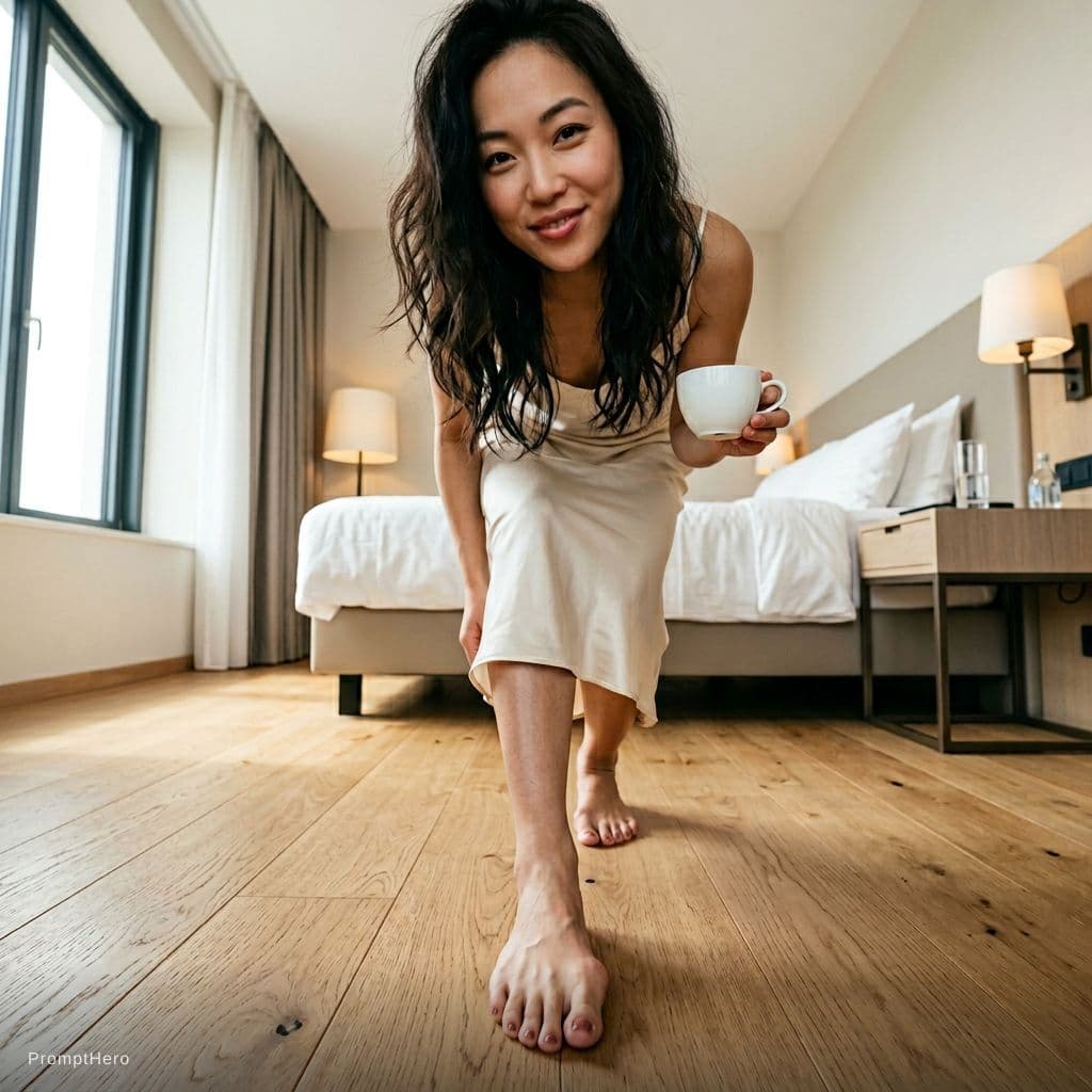 AI generated: a young East Asian woman with subtle Eurasian mixed features, walking toward the camera in a modern ...
