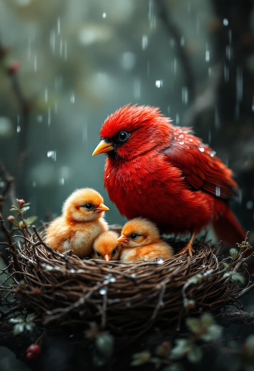 AI generated: A red bird with fine feathers protects its nest, with three shiny red chicks, all with matching red-...