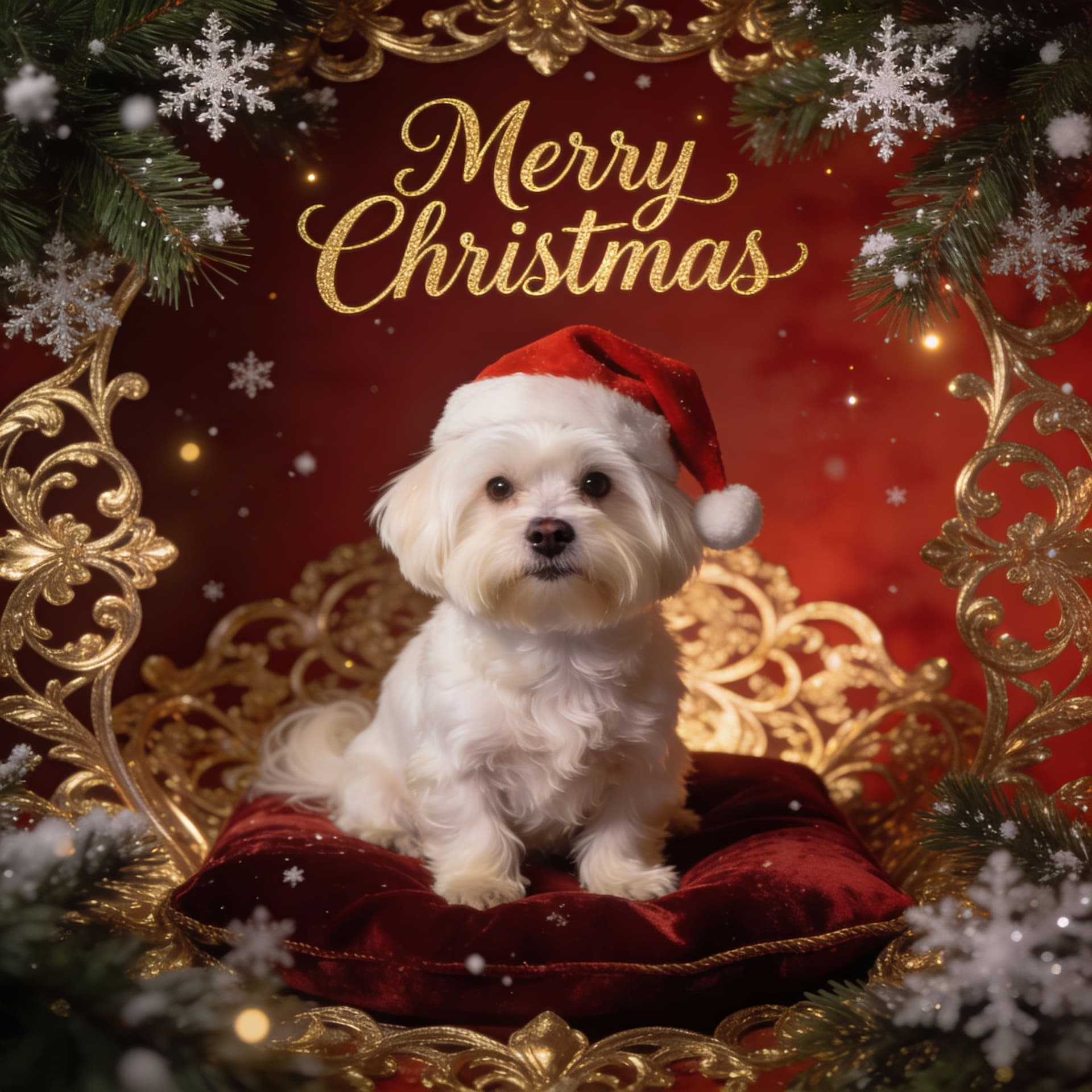 AI generated: Elegant Christmas card design, soft golden glow, deep red accents, ornate calligraphy ‘Merry Christm...