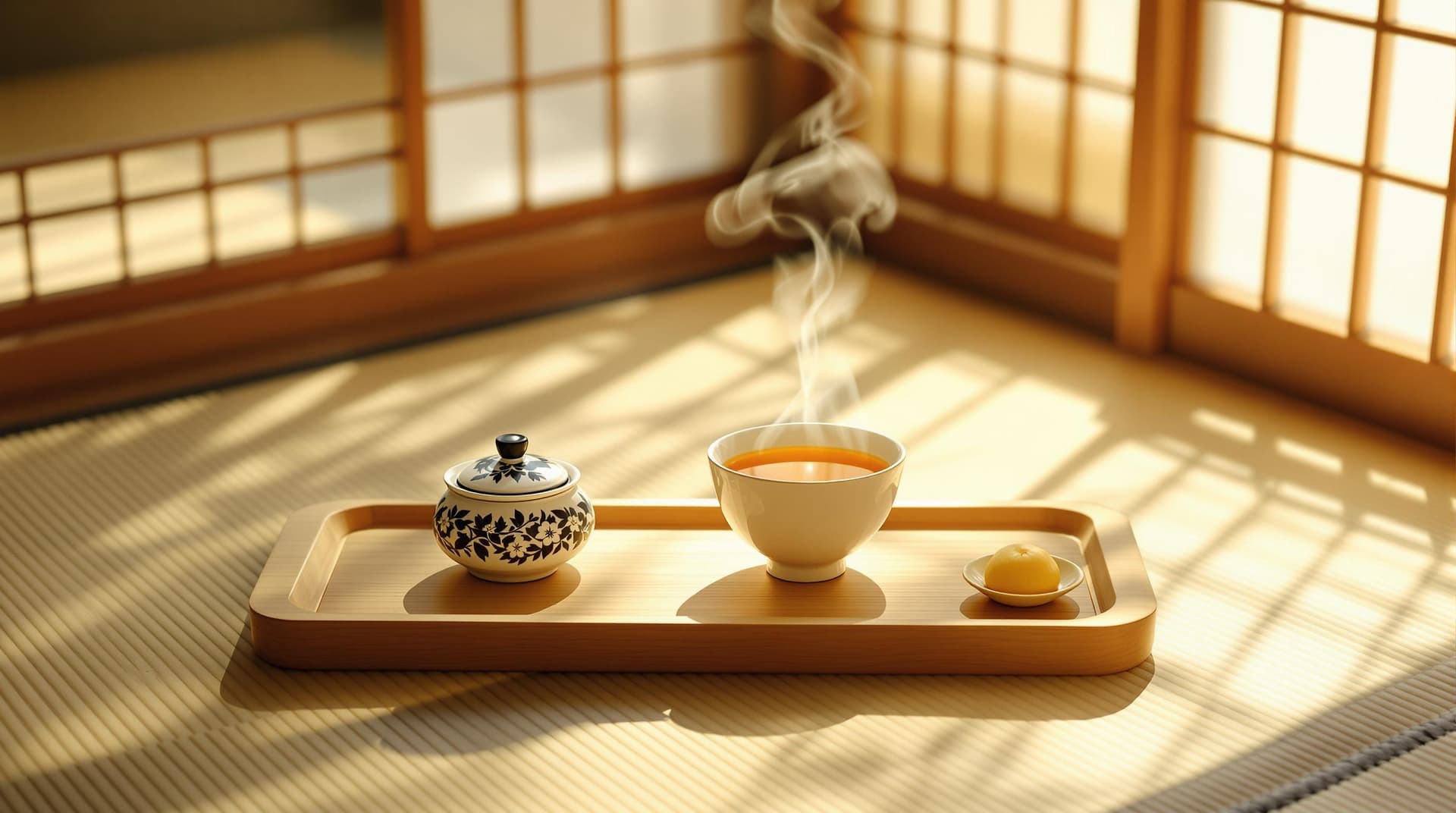 AI generated: A serene Japanese tea ceremony scene, with a steaming cup of tea placed on a delicate wooden tray. S...
