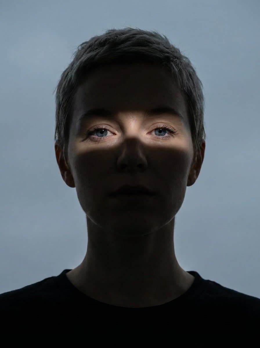 AI generated: Close-up portrait of a woman (Same face as reference image)looking directly at the camera. Her face ...