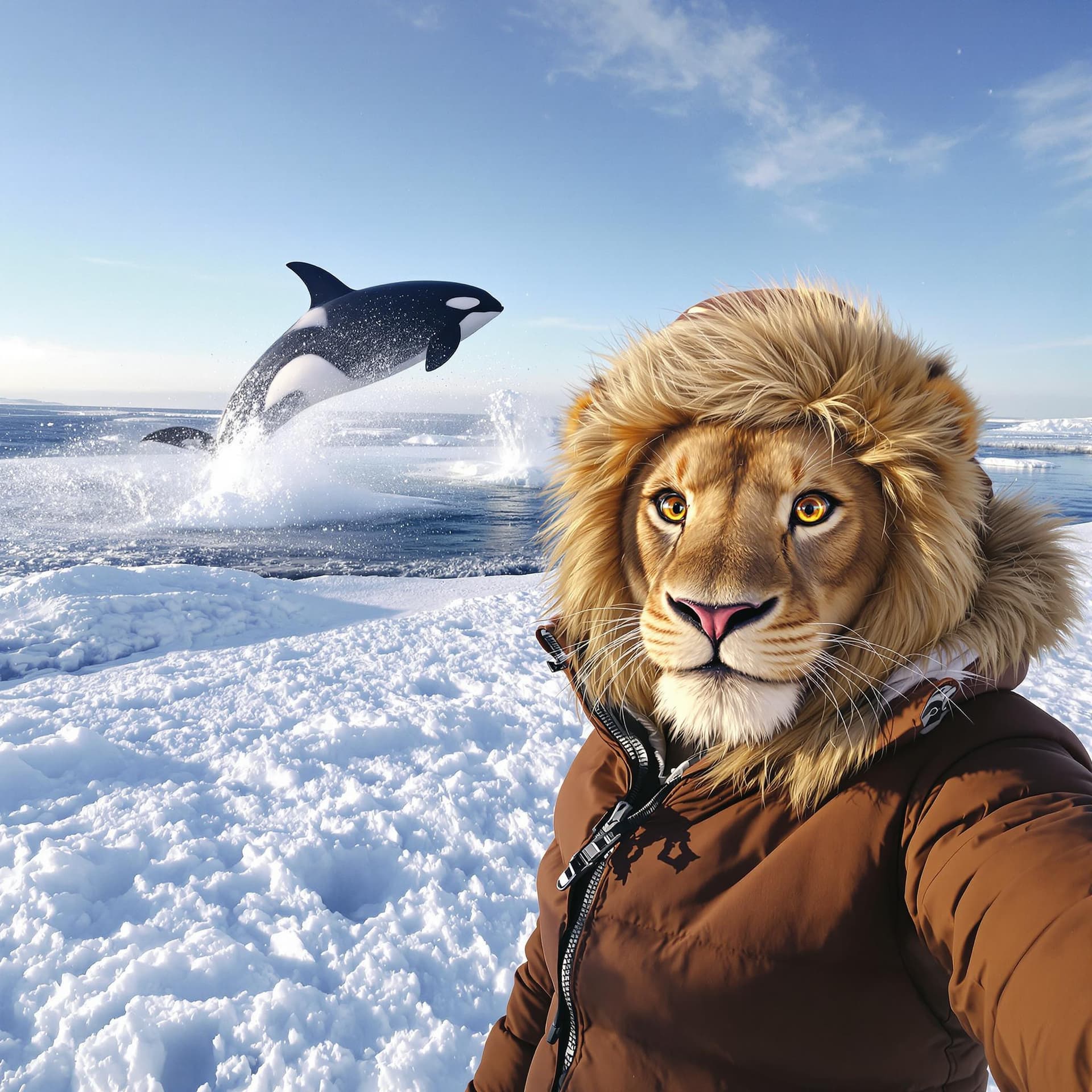 AI generated: In the snow, there is an ice field with the ocean in the background, 2 orcas are jumping out of the ...