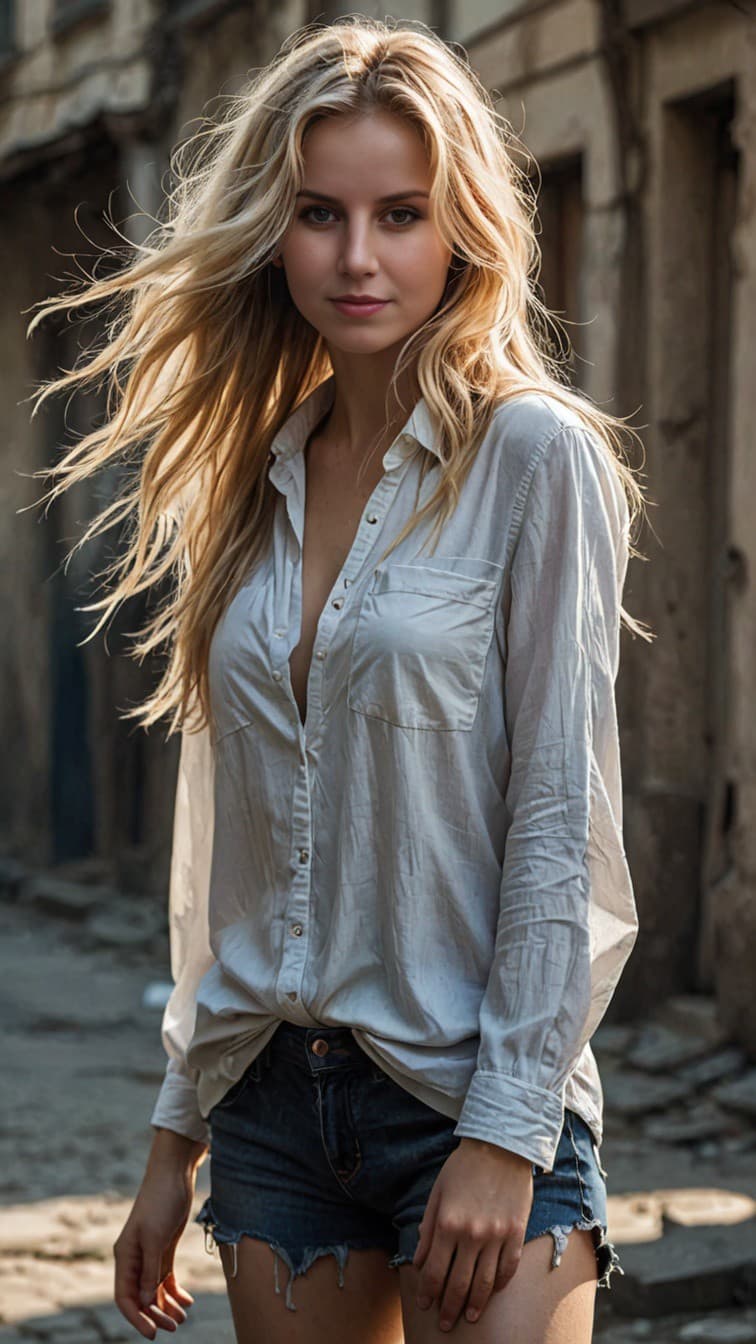 AI generated: body (turned:1.1) to the photograph of a young (shyly:0.8) (smiling:0.8)  russian woman with flowing...