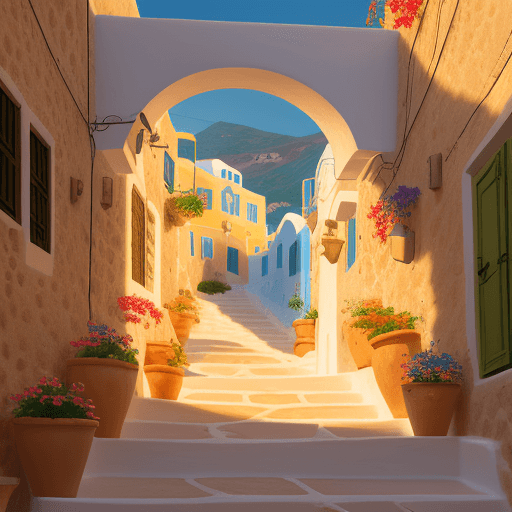 AI generated: Cycladic style architecture Greek village on a hillside with bright painted window frames and doors,...