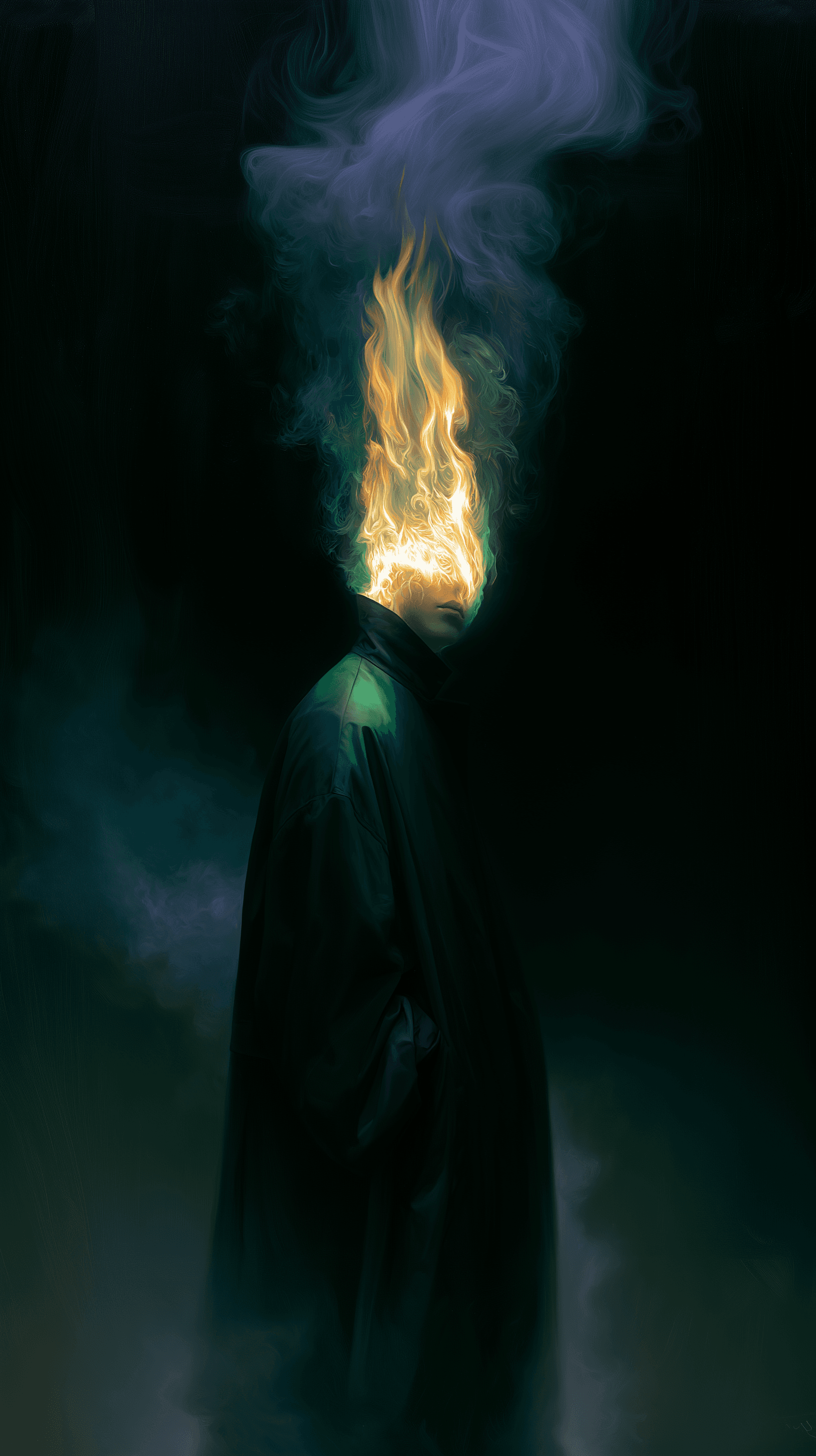 AI generated: surrealist oil painting, front profile portrait, mysterious figure, oversized black coat, head consu...