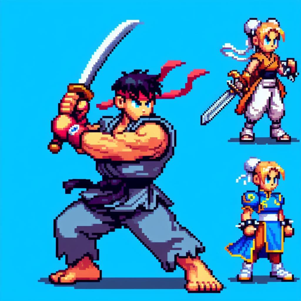 AI generated: A pixel art 8 bits reimagining of a Street Fighter character in a different fighting style or costum...