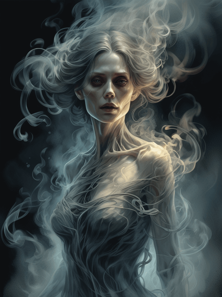AI generated: (Ghost in Smoke:1.3) , woman, Haunting beauty, eerie lighting, watercolor, hard wispy tendrils, ethe...