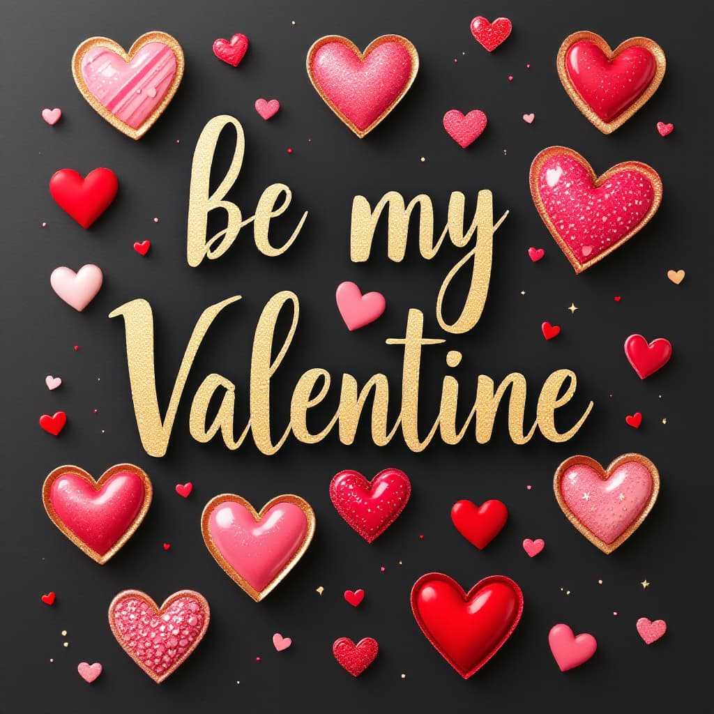 AI generated: be my valentine with gold, pink, red, black hearts

