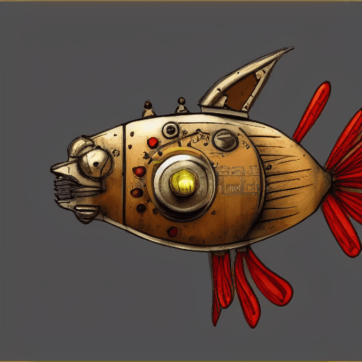 AI generated: robot fish steampunk style, in a sketchy way, mainly grey, red and yellow coloured