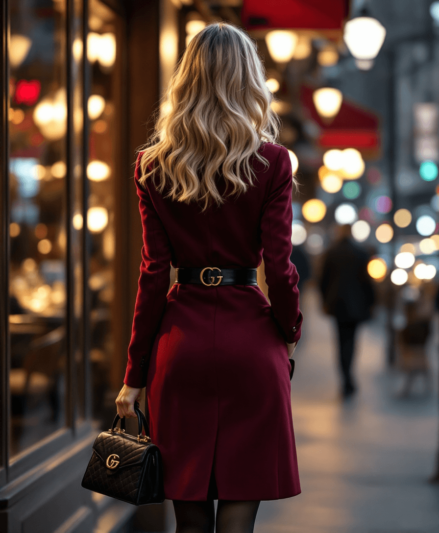 AI generated: Rear view, Hyper-realistic, full length shot of a blond woman, standing with a black GUCCI purse in ...