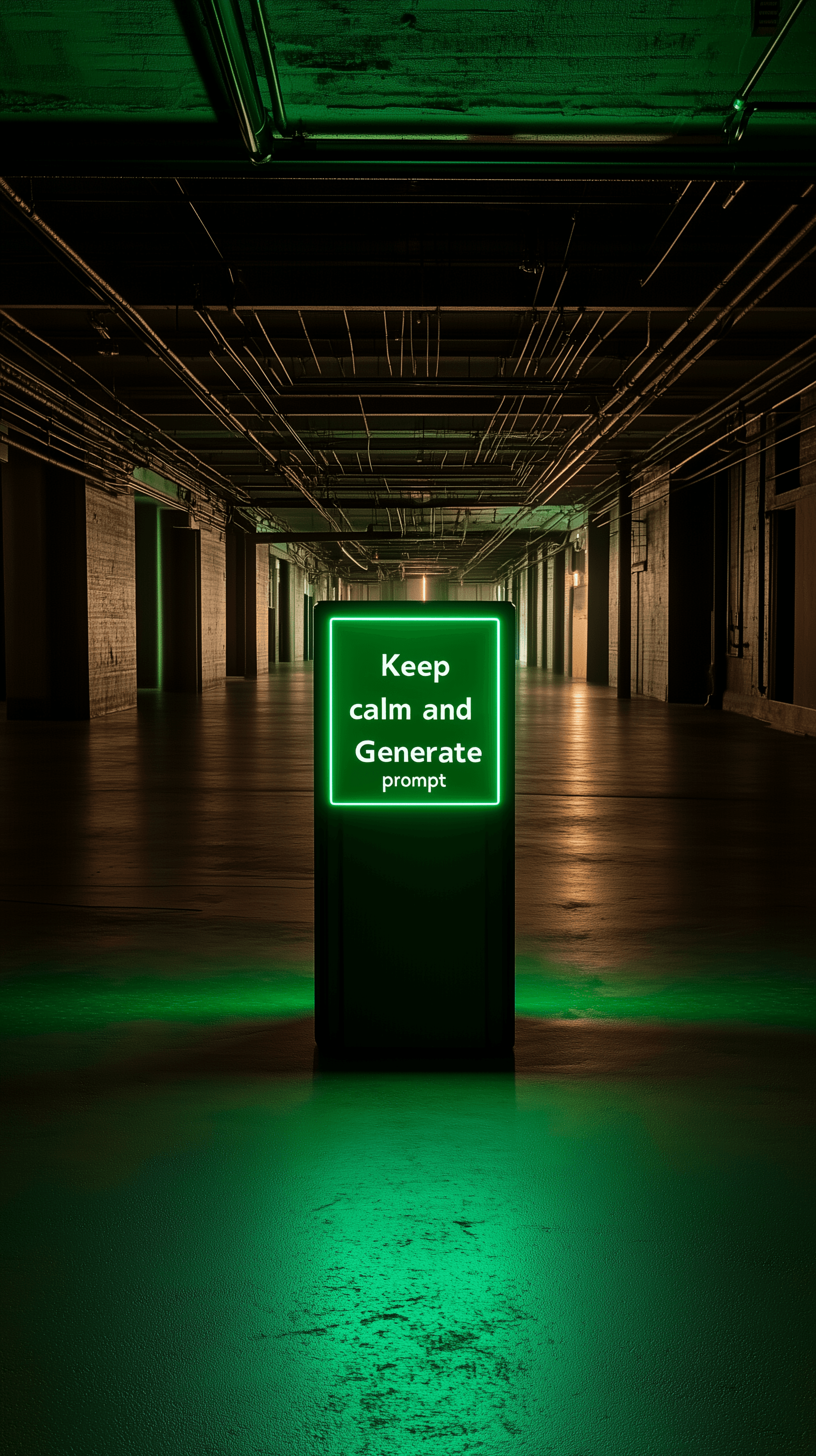AI generated: green light box with the words "Keep calm and Generate prompt" written on it, in an empty dark room,...