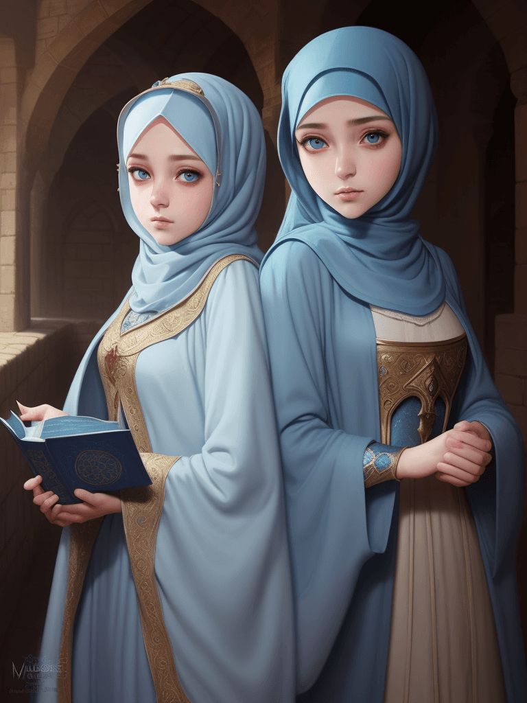 AI generated: close portrait of muslim girls, hijab, masterpiece robe,mage girl, light blue hijab, drill hijab, bl...