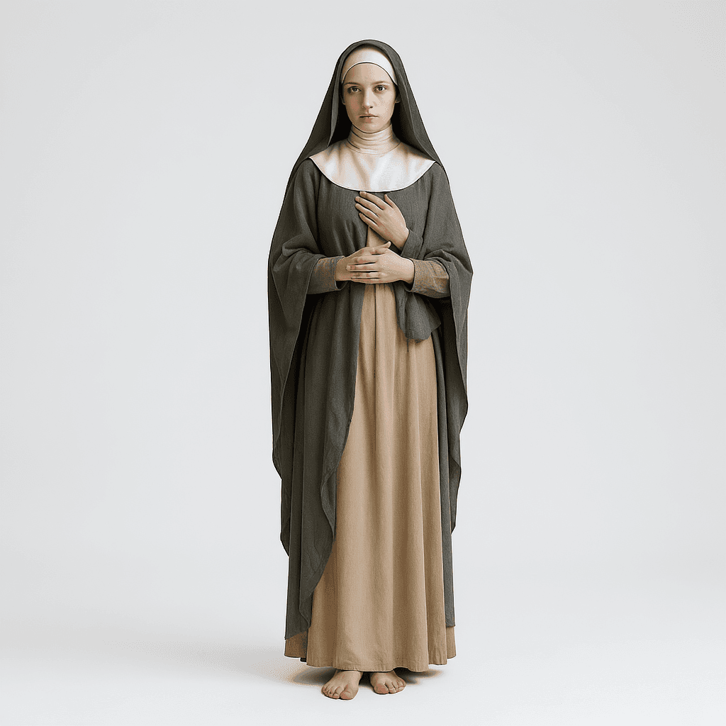 AI generated: This nun is standing naked. She keeps her veil on.