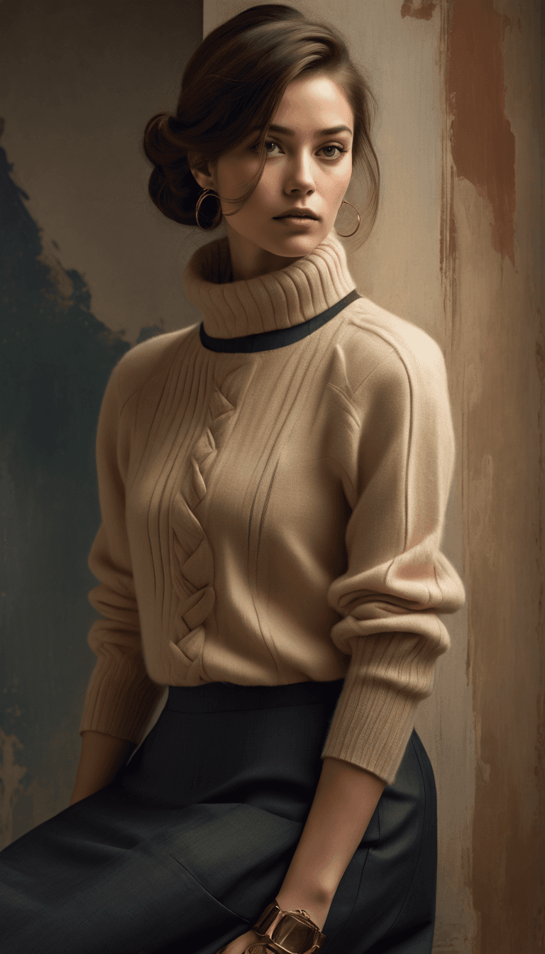 AI generated: The image features a woman wearing a light brown sweater and dark brown skirt. She is standing in a ...