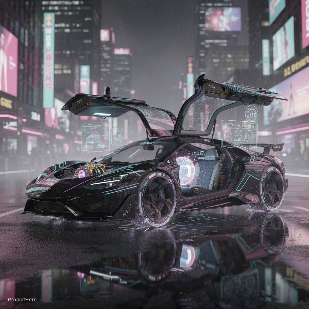 AI generated: Auto deportivo hiperfuturista conceptual nunca antes visto, prototipo experimental con tecnología de...