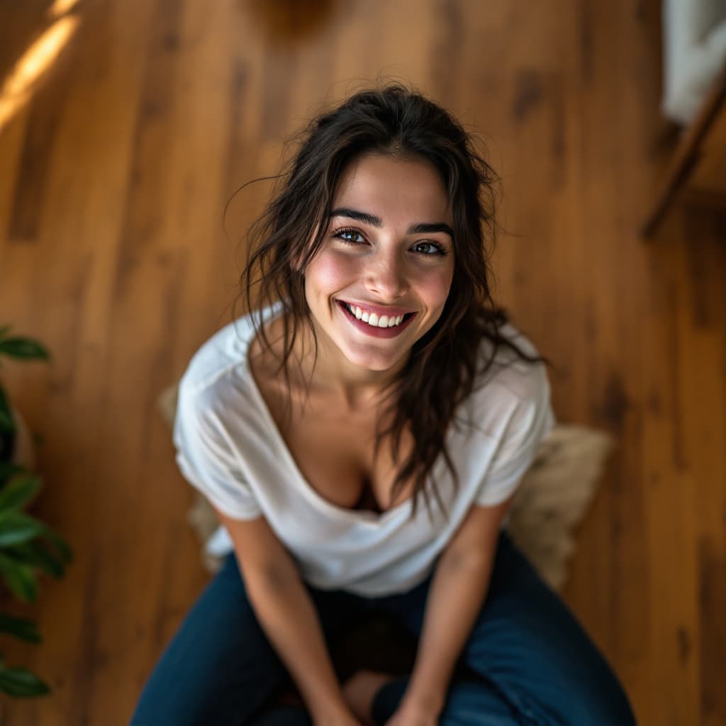 AI generated: photograph of a woman sitting on the hardwood floor of her living room, from above, looking up at th...