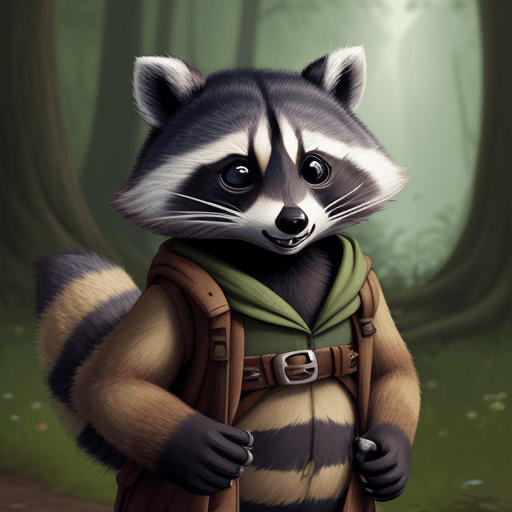 AI generated: raccoon out on an adventure, anthropomorphic 