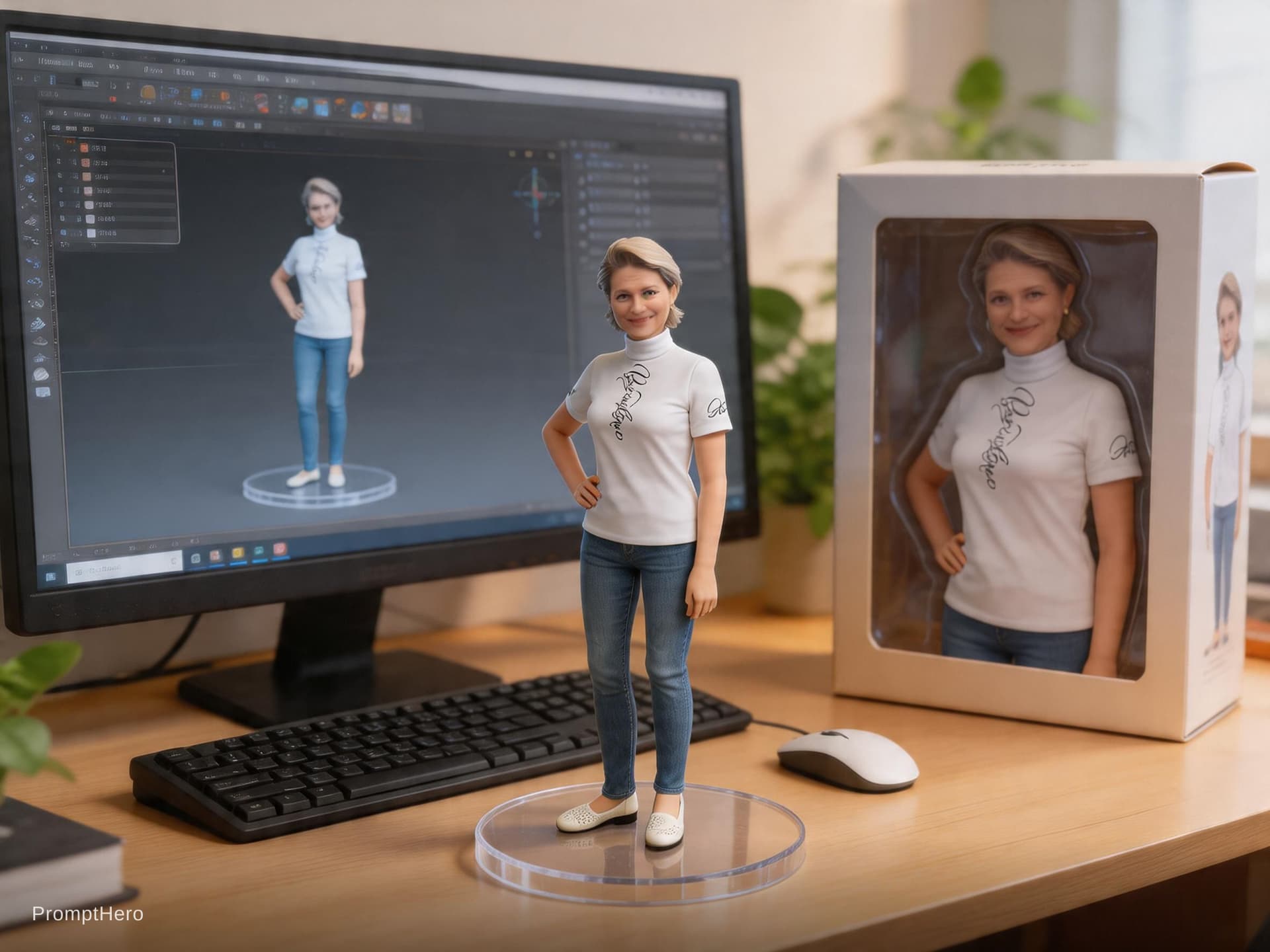 AI generated: Transforming the photographed person into a realistic 3D figurine in front of a computer desk. The c...
