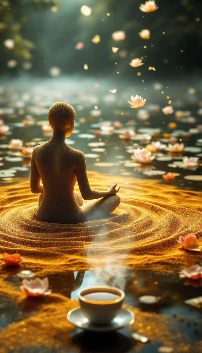 AI generated: A serene, Zen-like scene where a person sits in meditation, but their body is composed of flowing go...