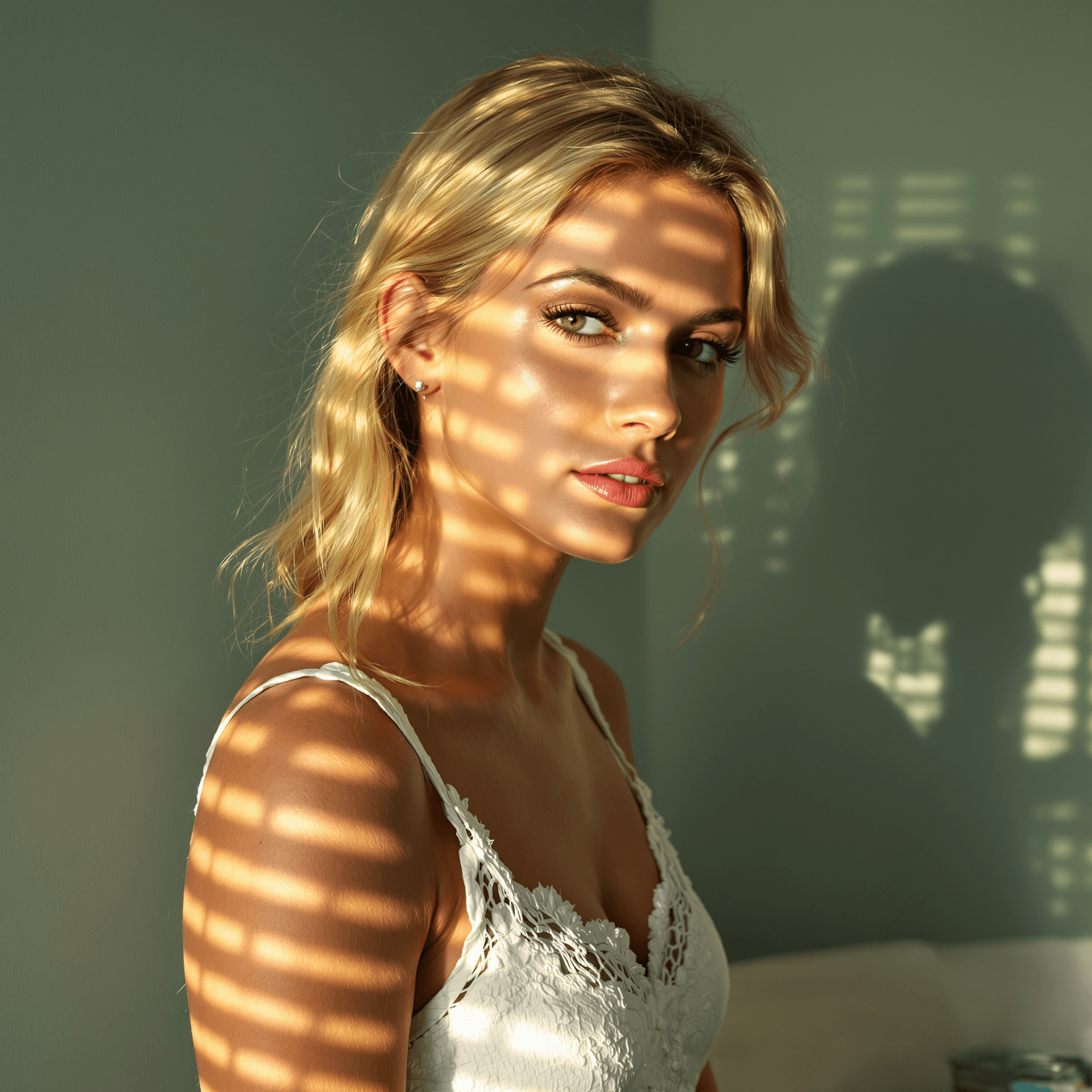 AI generated: Full body of a blonde woman illuminated by soft, warm afternoon light streaming through window blind...
