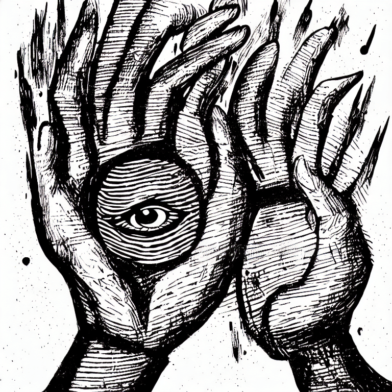 AI generated: mystical symbol, hand with the eye, woodcut illustrattion, scribble illustration, paranoid, annotate...
