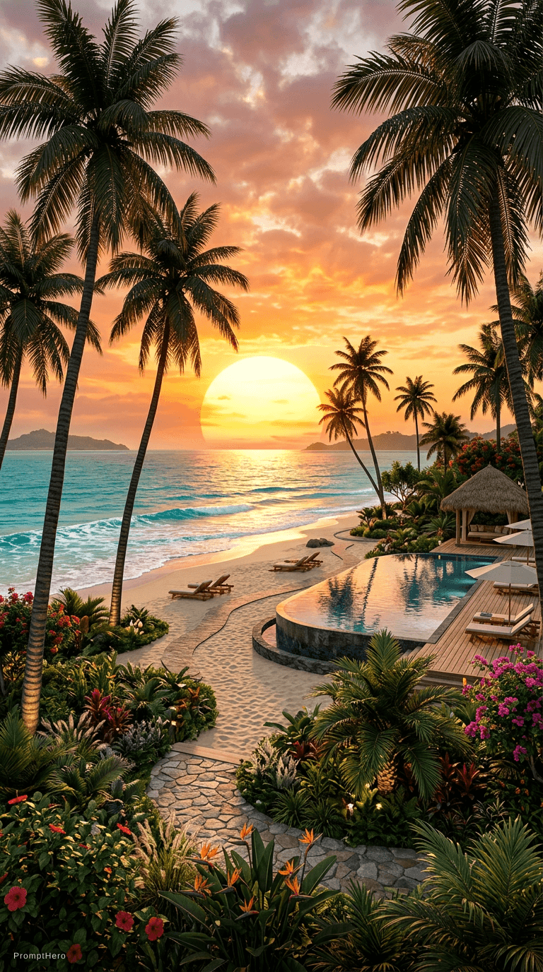 AI generated: A stunning tropical beach at sunset, with the sun seemingly large floating in the ocean, emitting a ...