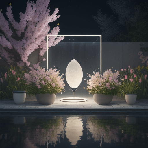 AI generated: stand products commercial advertising，merging in water surround by spring flowers on the moon light，...