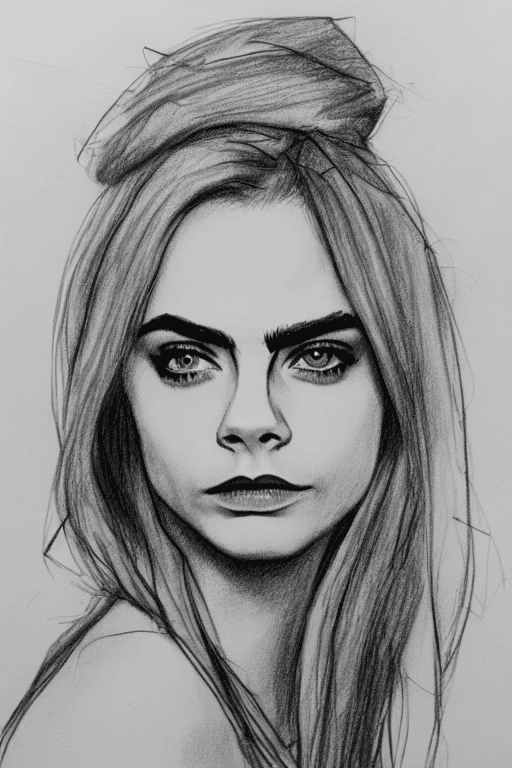 AI generated: Cara Delevingne, ((amateur) scribble sketch), (smudges) on paper, (faded lines)
