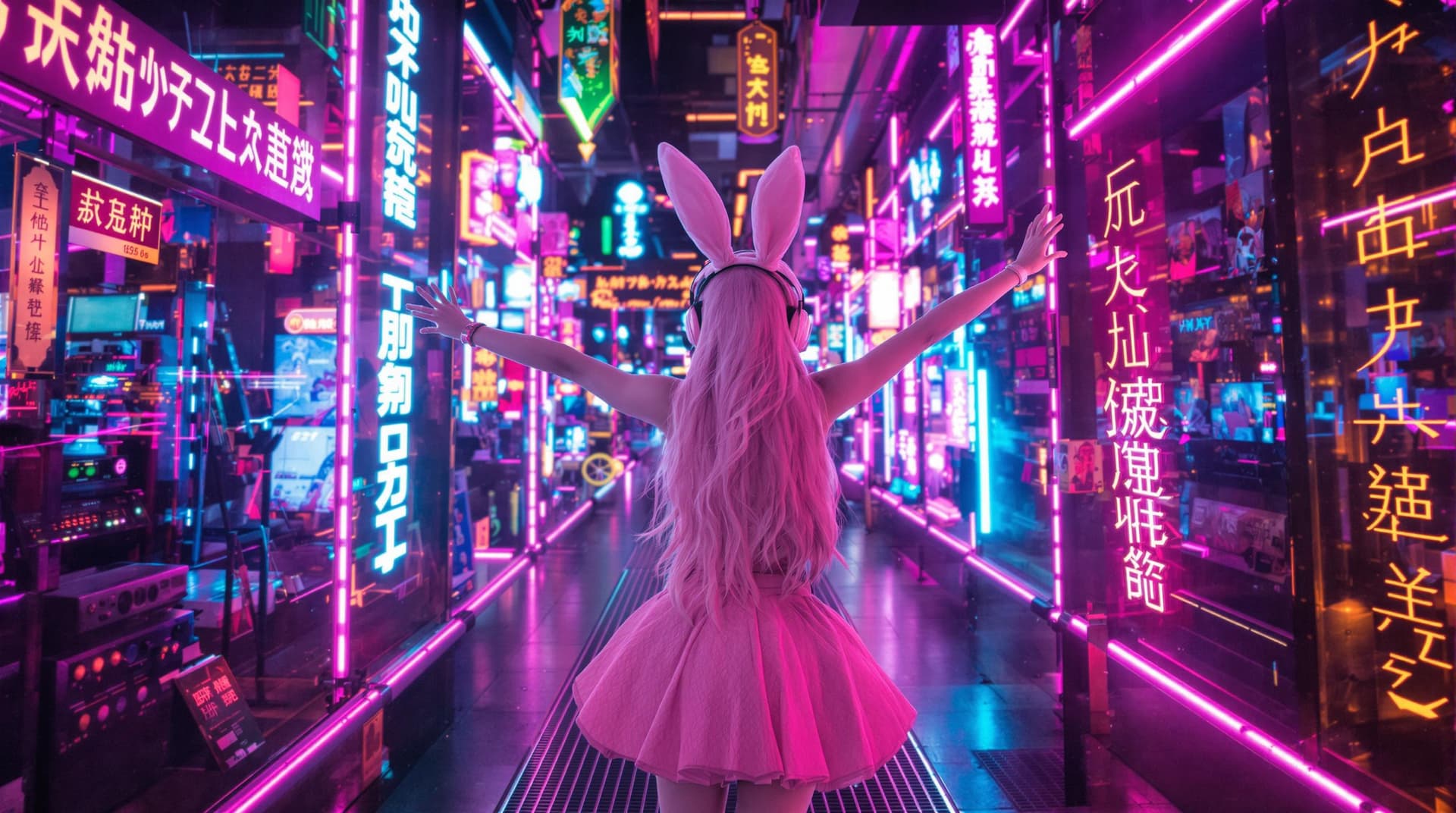 AI generated: vaporwave style The pink bunny girl in the cyber world is a cyberpunk (full body photo) , with beaut...