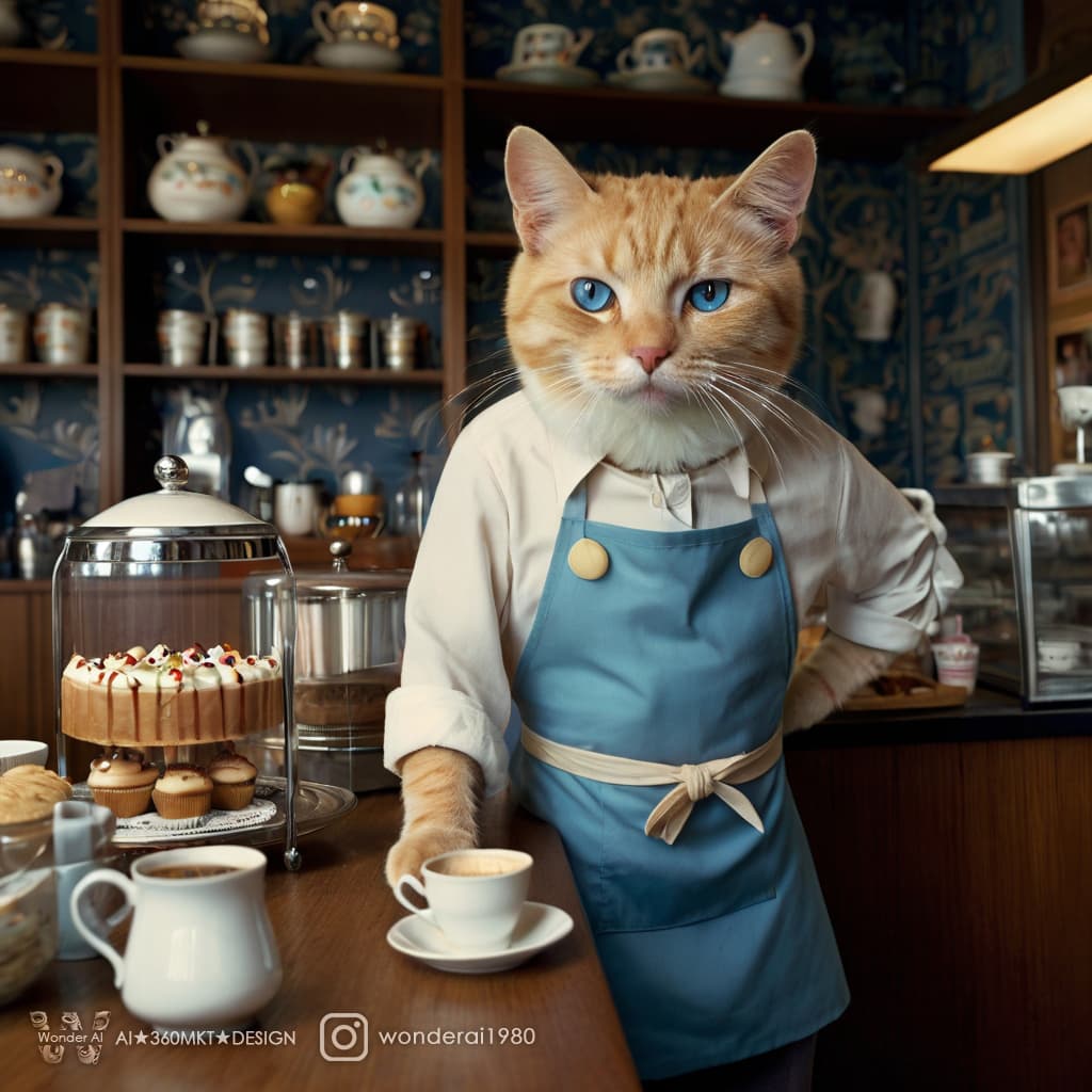 AI generated: anthropomorphized real tiny cream cat wearing a coffee shop staff apron, standing at the coffee bar,...