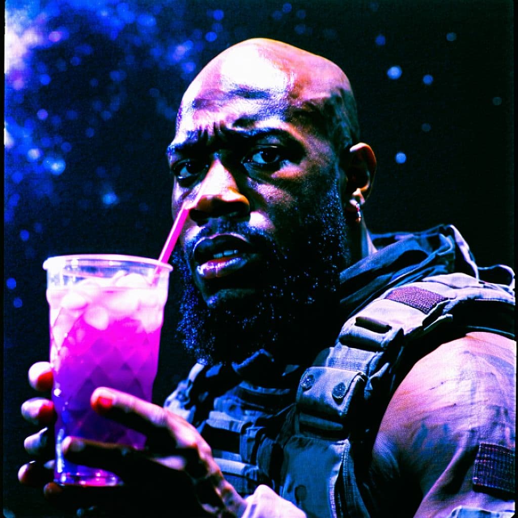 AI generated: grainy 80's photograph quality polaroid of big fat bald neurotic fearful black man caught in a unive...