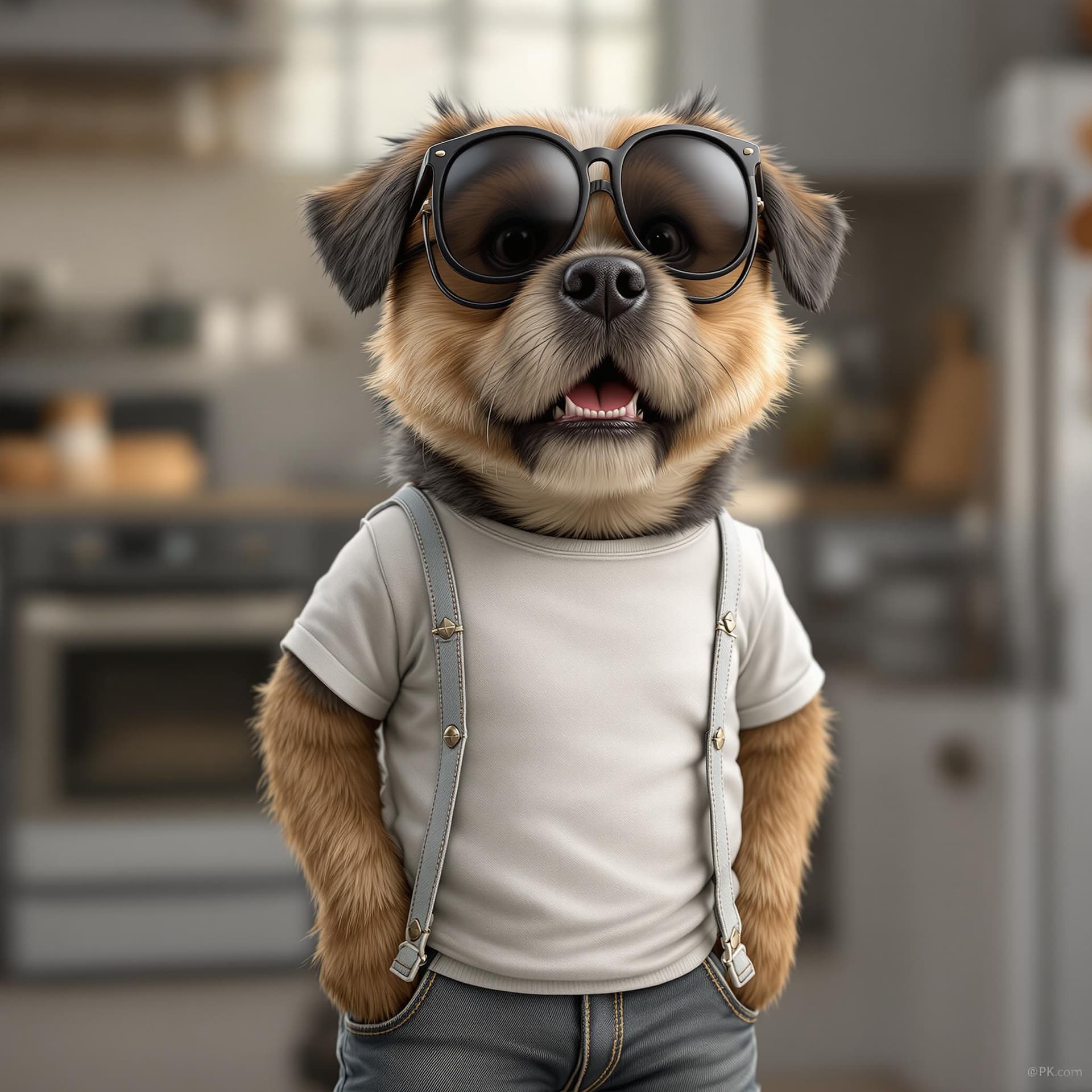 AI generated: A cute dog standing like a person, dressed in an t-shirt, jeans, and sunglasses on it's head, full b...