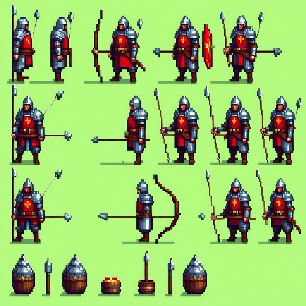 AI generated: Medieval Archer. Amazing pixel art details. Pixel Art. Sprite sheet.
