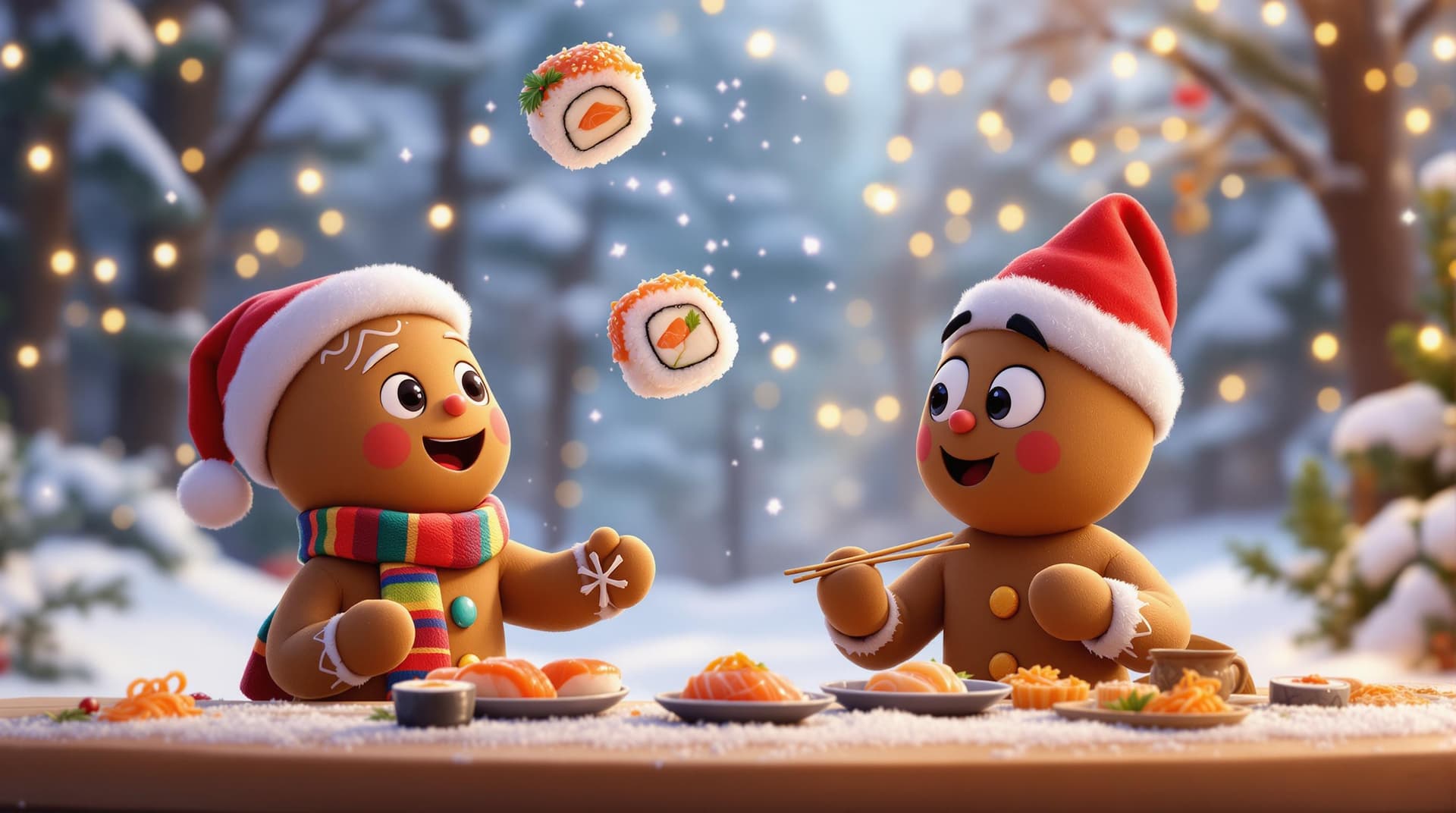 AI generated: A whimsical Pixar-style scene featuring a festive gingerbread man wearing a colorful scarf and Santa...