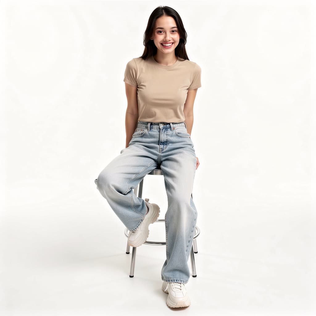 AI generated: A highly detailed, photorealistic, cinematic high-angle full-body studio shot of a cute and stylish ...