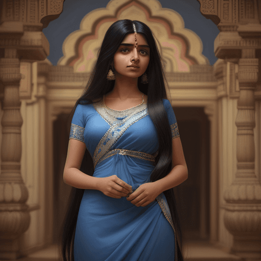 AI generated: a woman with long flowing hair in blue dress, in the style of photorealistic paintings, indian scene...