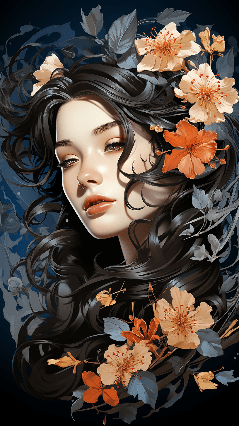 AI generated: an illustration of a woman's face with flowers on her head, in the style of elegant inking technique...