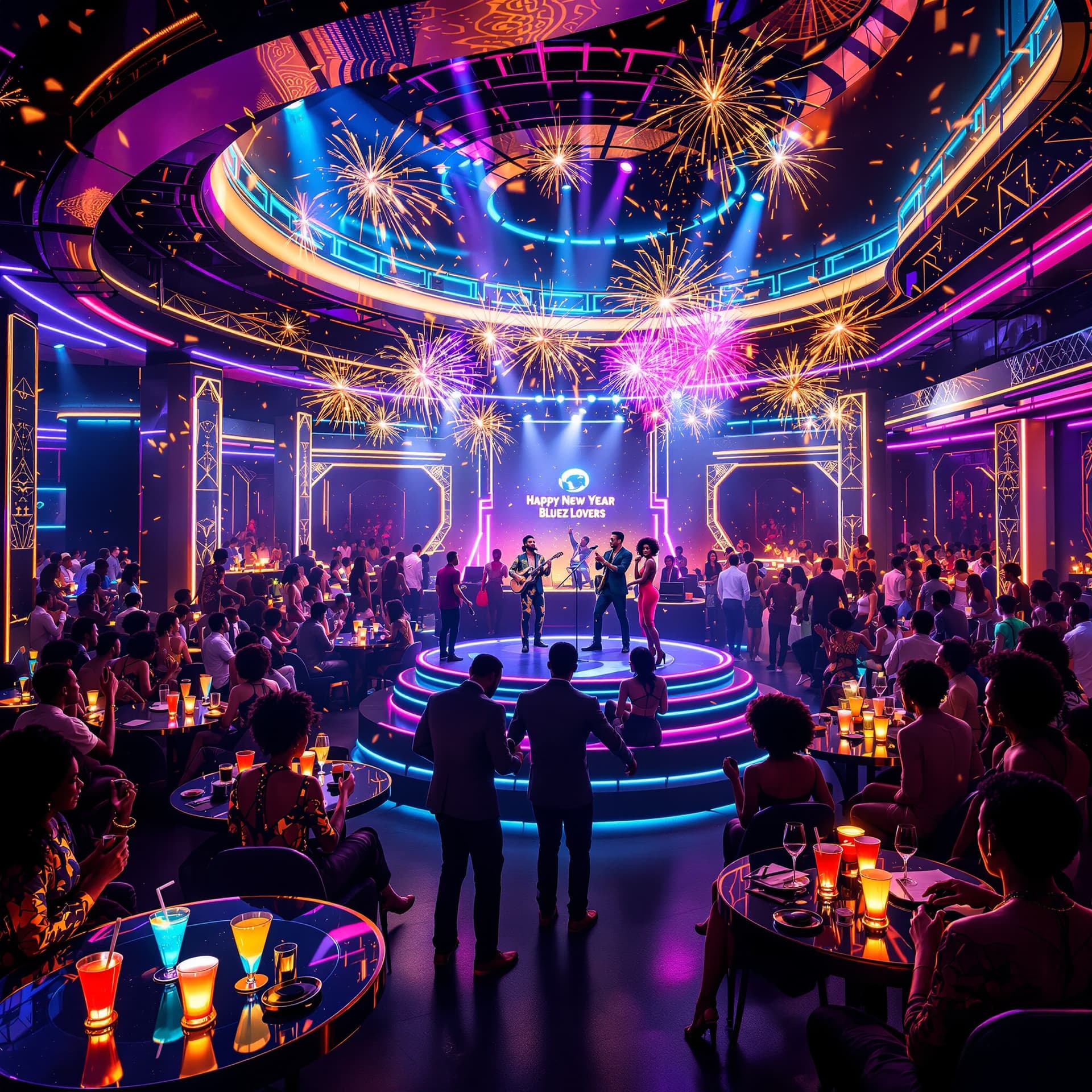 AI generated: A vibrant, high-resolution scene inside a futuristic afrocentric blues club, filled with joyful peop...