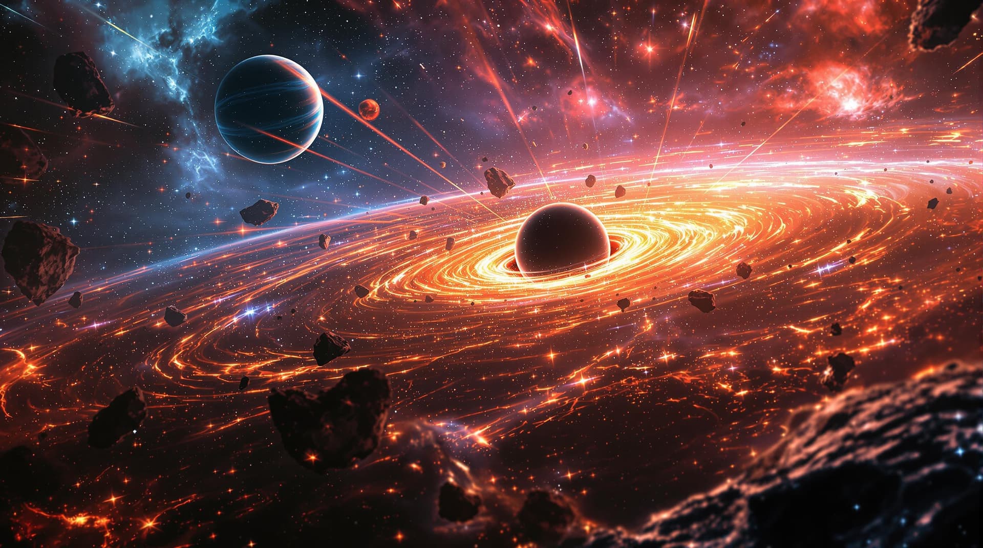 AI generated: asteroid fields and galaxies, creating an epic scifi scene. The background features colorful nebulae...