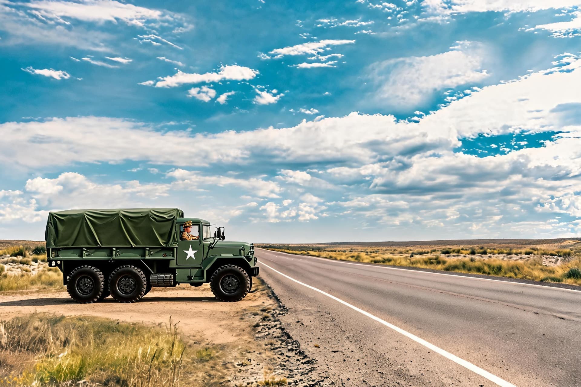 AI generated: 
Show an Army figure driving the truck. The year is 1947.