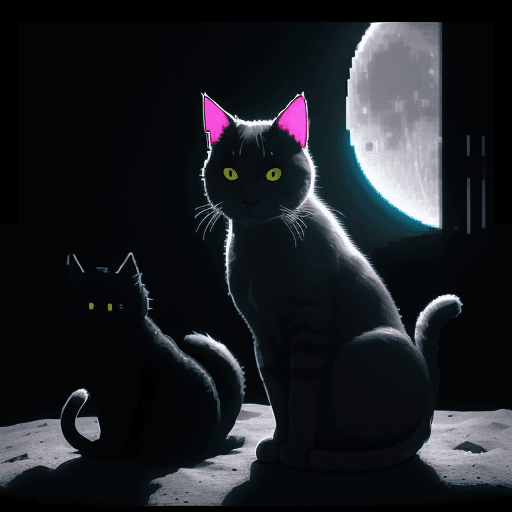 AI generated: /imagine prompt: Generate an image of a cat sitting on the moon :: pixelart::5 blacklight::2.3 natur...