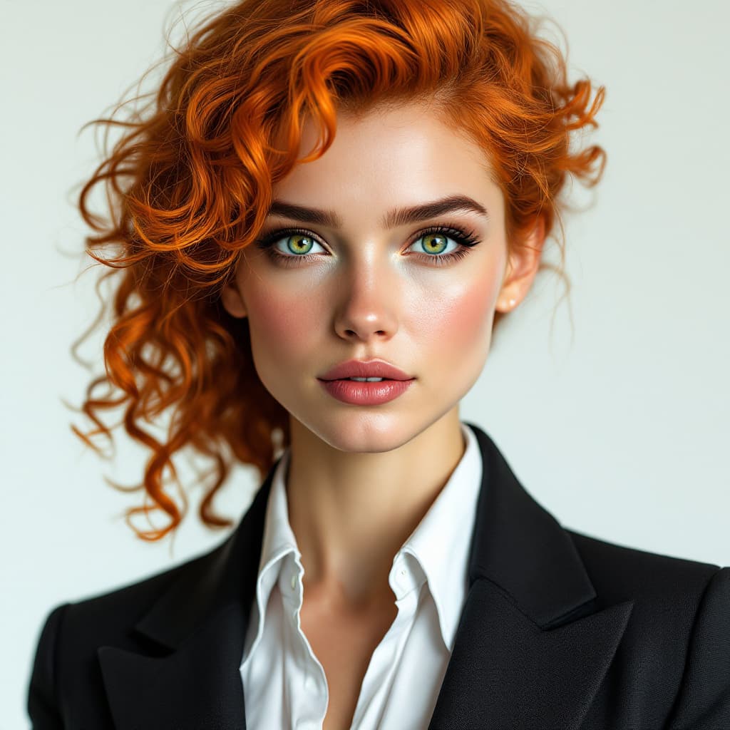 AI generated: hyper realistic full-size woman with orange curly hair and green eyes wearing a suit