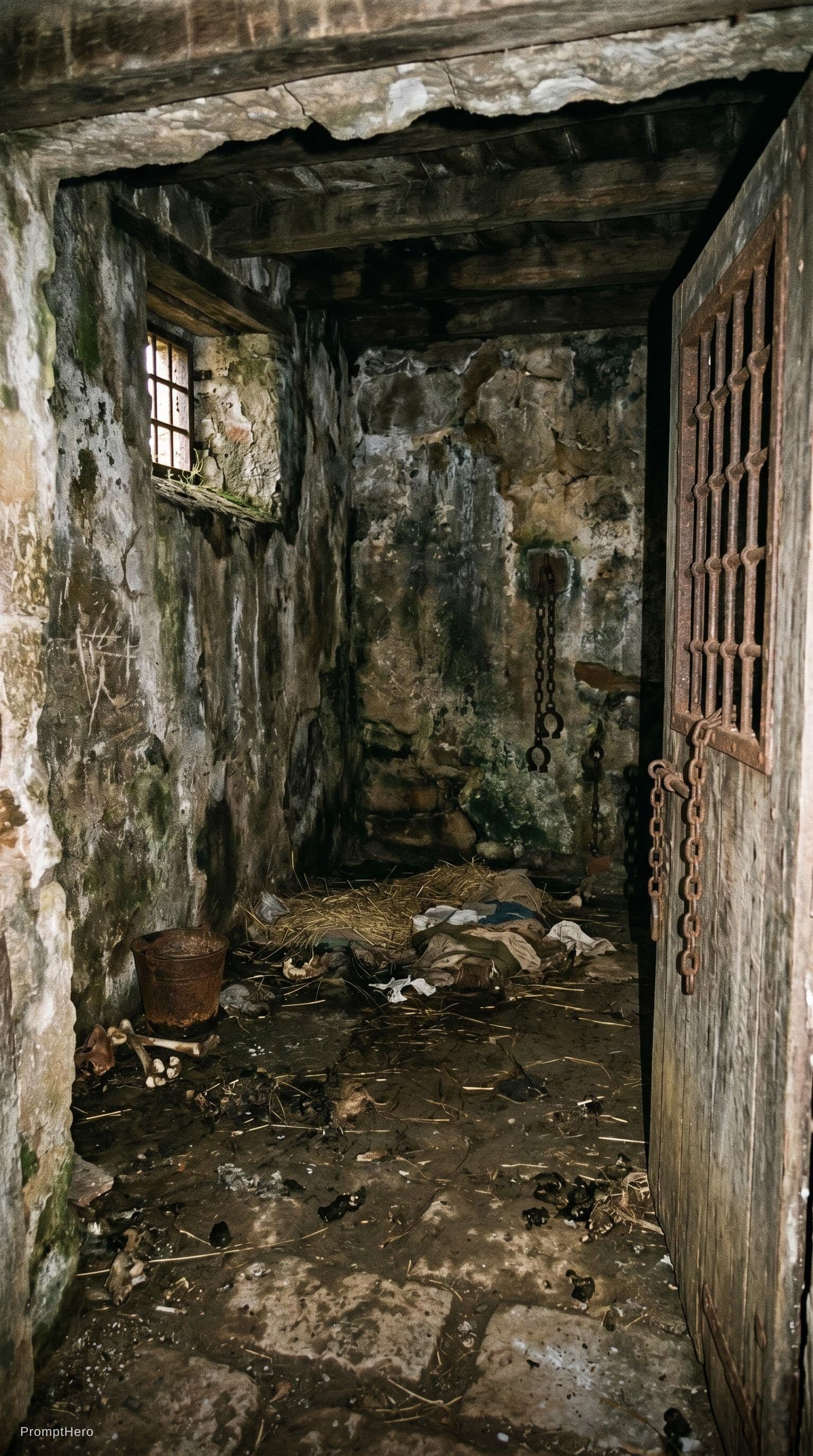 AI generated: need a dungeon scene madagascar 1825 royal palace dungeon bad condition first person no person prese...