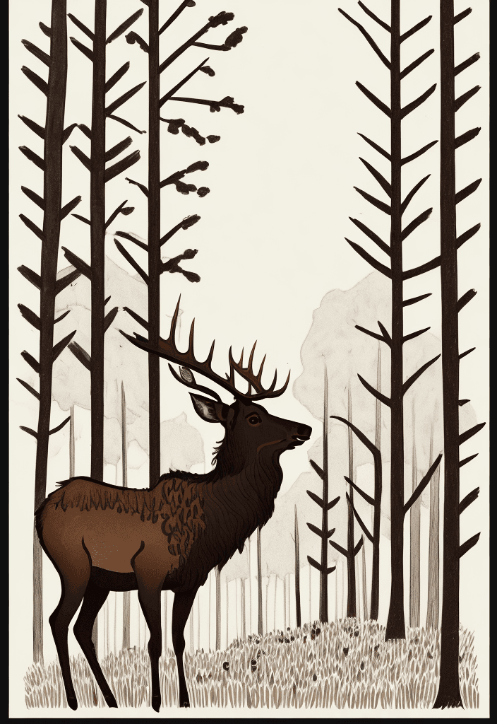 AI generated: Brown elk in a forest meadow minimal ink doodle art, art