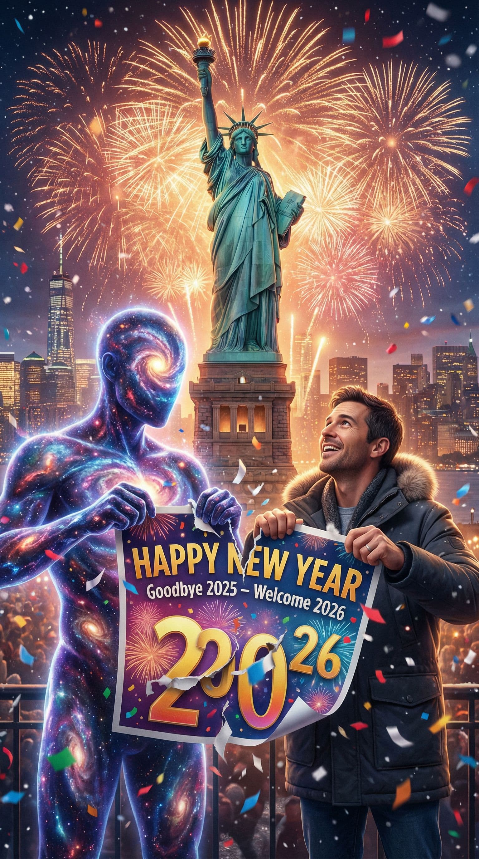 AI generated: cinematic cosmic character glowing with galaxy energy and a realistic human man standing together in...