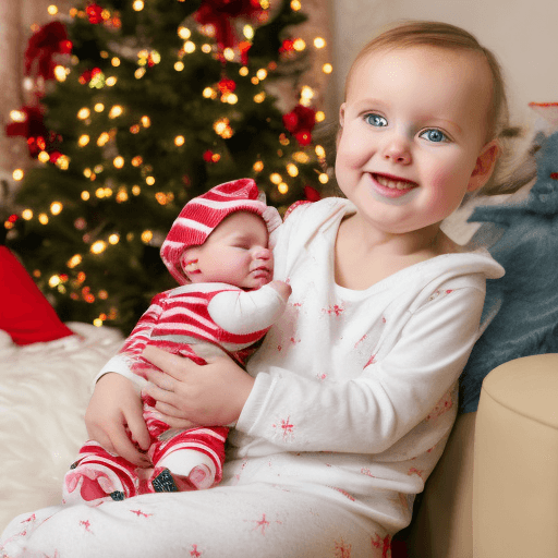 AI generated:  a American baby girl sitting on the sofa, warm light, in Christmas PJs, 