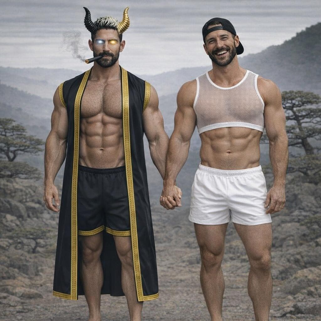 AI generated: Create a tall happy man with a pair of devil horns on his head with one being black and the other be...